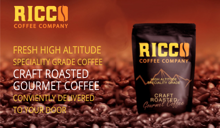 Promotional banner for Ricco Coffee Company, highlighting their specialty-grade, high-altitude, craft-roasted gourmet coffee beans, with the promise of convenient delivery to your door.